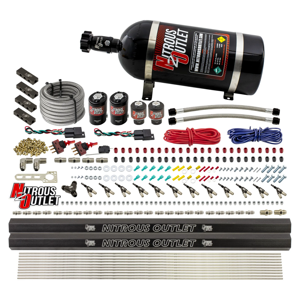 6 Cylinder 4 Solenoid Dual Stage Direct Port System With Distribution Blocks and 90 Degree Nozzles, Low Fuel Pressure Alcohol (10lb Bottle)