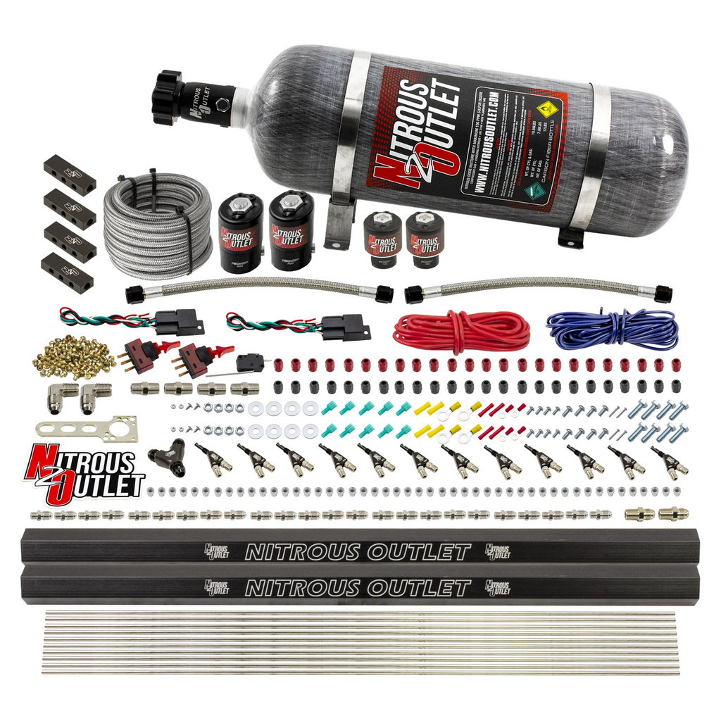 6 Cylinder 4 Solenoid Dual Stage Direct Port System With Distribution Blocks and 90 Degree Nozzles, Low Fuel Pressure Alcohol (12lb Bottle)