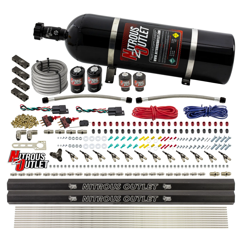6 Cylinder 4 Solenoid Dual Stage Direct Port System With Distribution Blocks and 90 Degree Nozzles, Low Fuel Pressure Alcohol (15lb Bottle)