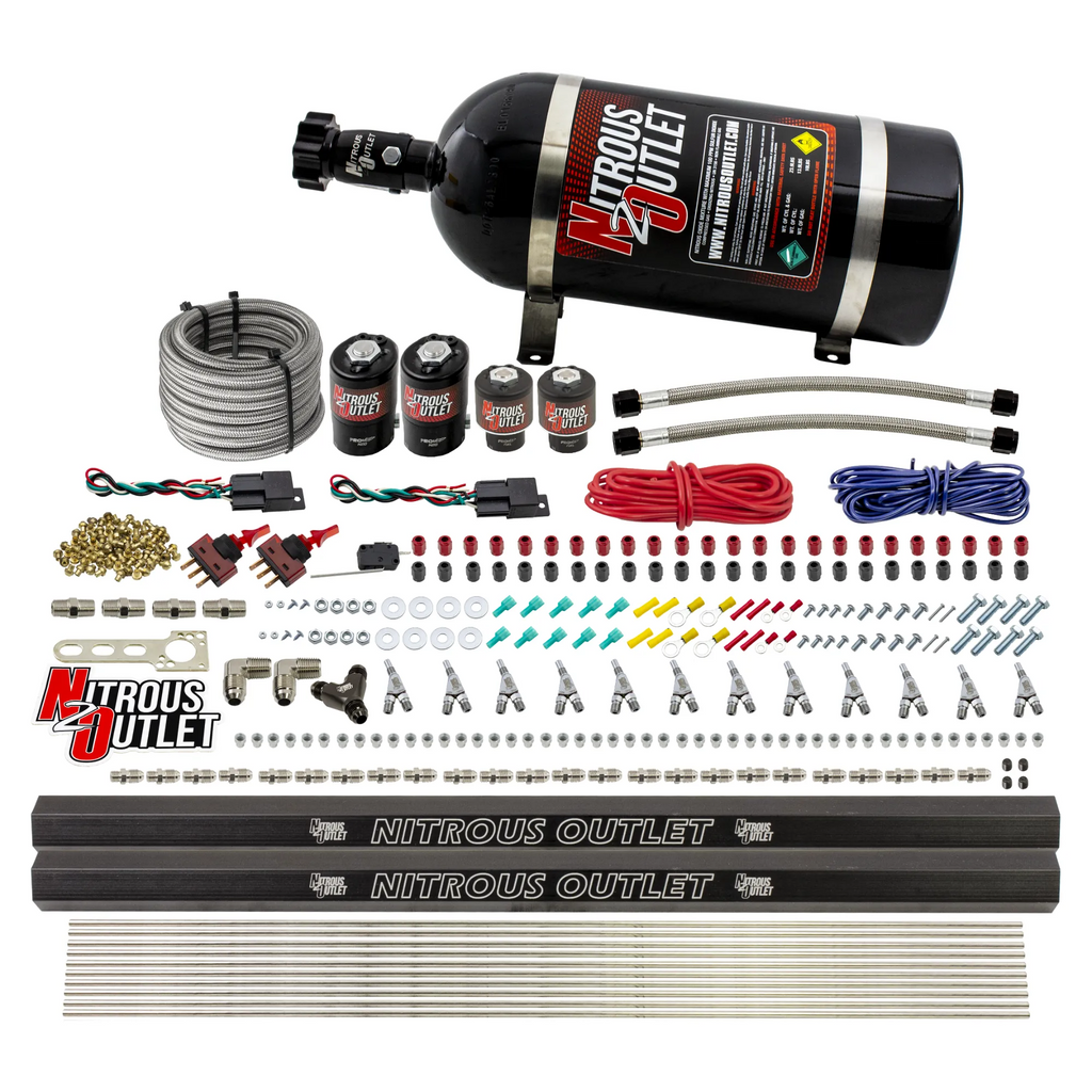 6 Cylinder 4 Solenoid Dual Stage Direct Port System With Dual Injection Rails and Straight Blow Through Nozzles, Low Fuel Pressure Alcohol (10lb Bottle)
