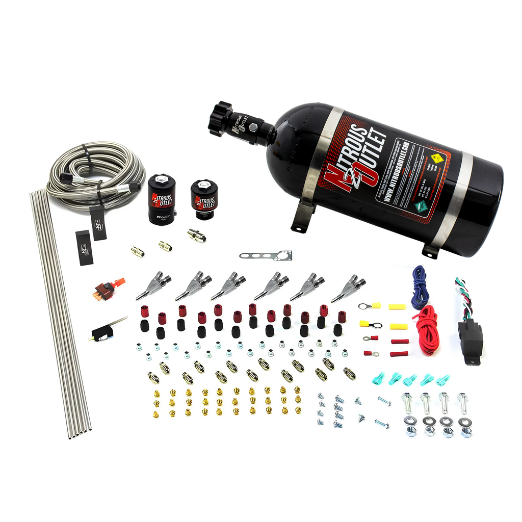 6 Cylinder 2 Solenoid Direct Port System With Distribution Blocks and Straight Blow Through Nozzles, Low Fuel Pressure Alcohol (10lb Bottle)