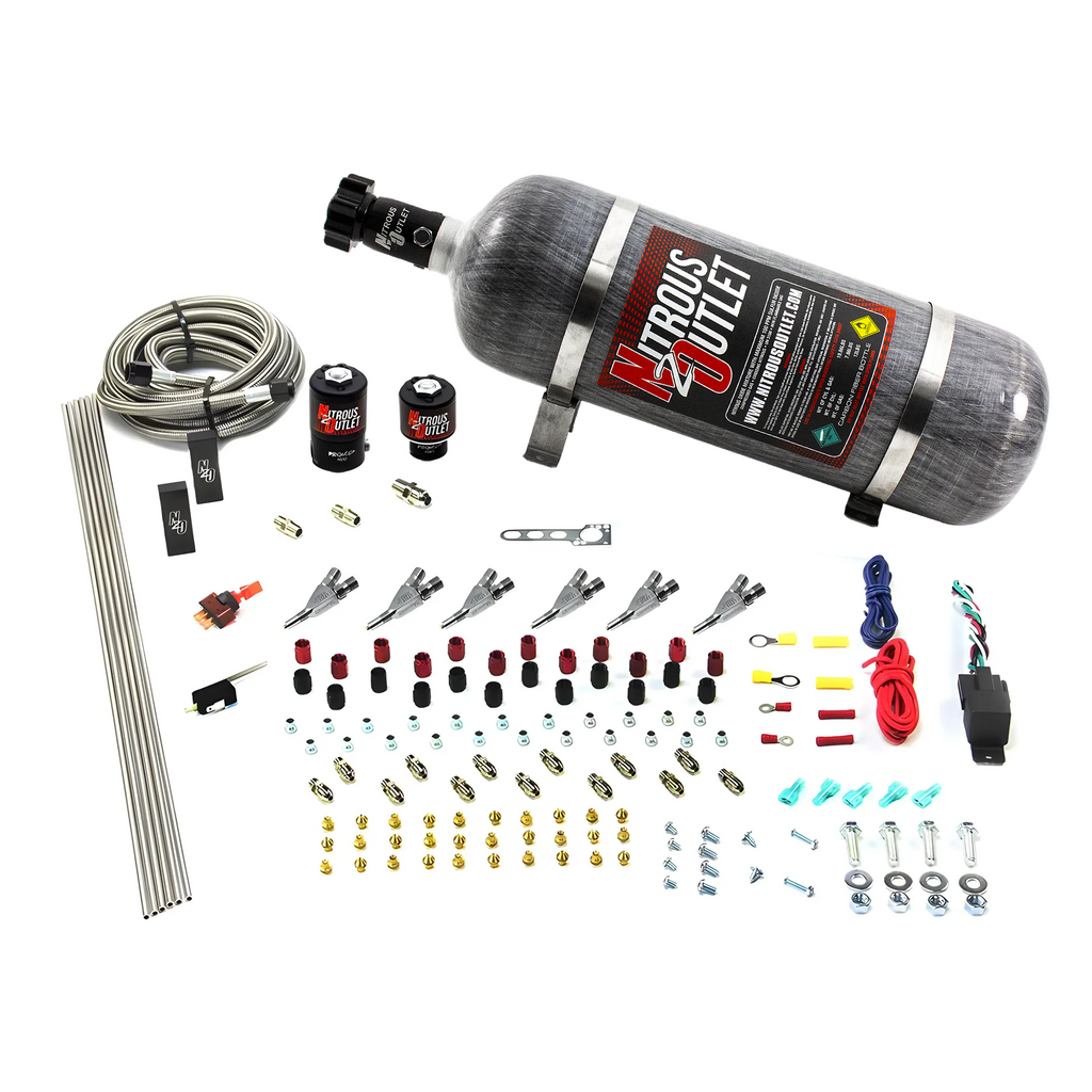 6 Cylinder 2 Solenoid Direct Port System With Distribution Blocks and Straight Blow Through Nozzles, Low Fuel Pressure Alcohol (12lb Bottle)