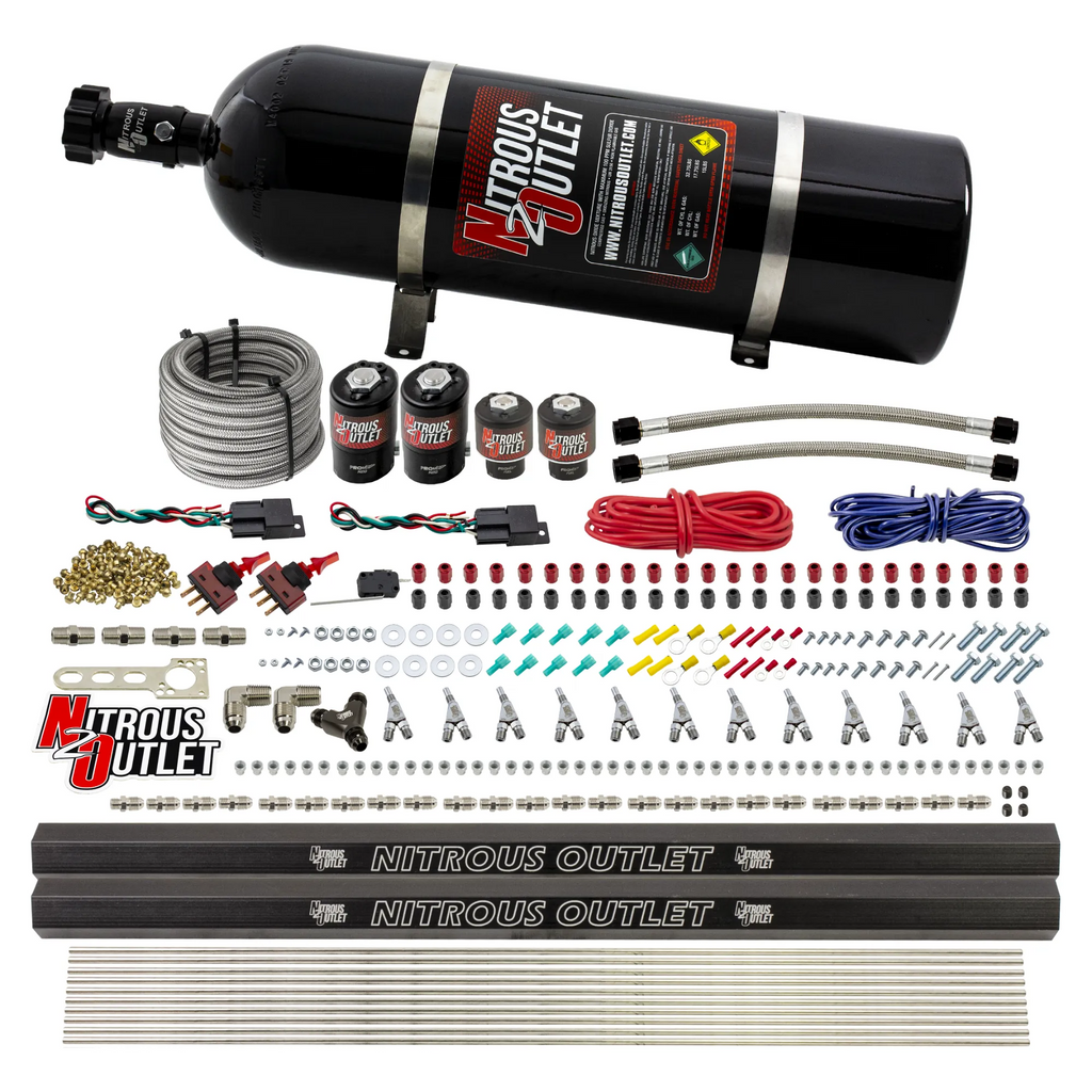 6 Cylinder 4 Solenoid Dual Stage Direct Port System With Dual Injection Rails and Straight Blow Through Nozzles, Low Fuel Pressure E85 (15lb Bottle)