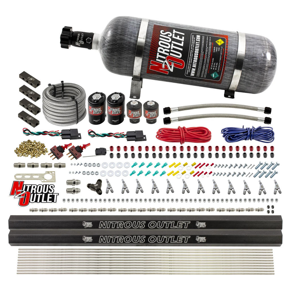 6 Cylinder 4 Solenoid Dual Stage Direct Port System With Distribution Blocks and Straight Blow Through Nozzles, Low Fuel Pressure E85 (12lb Bottle)