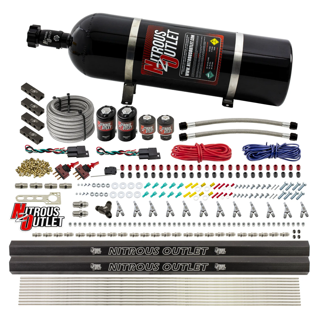 6 Cylinder 4 Solenoid Dual Stage Direct Port System With Distribution Blocks and Straight Blow Through Nozzles, Low Fuel Pressure E85 (15lb Bottle)