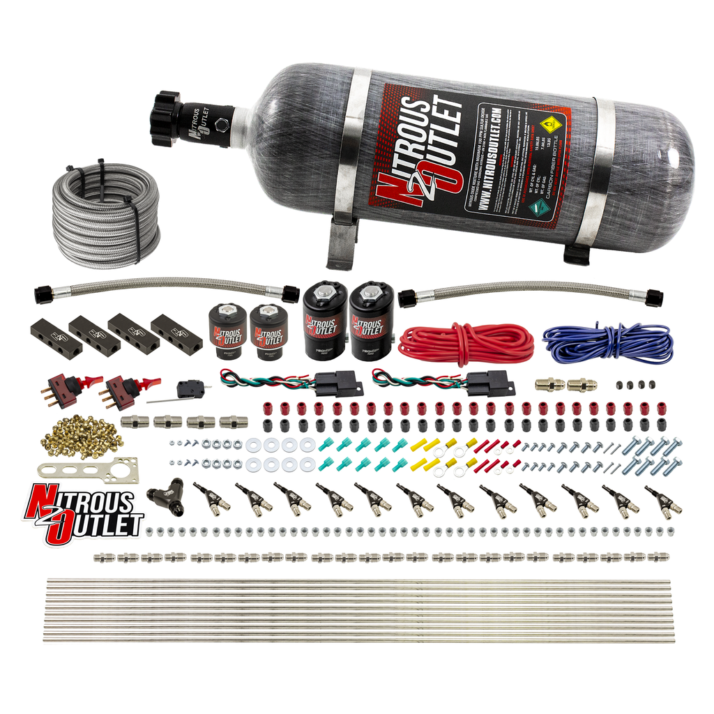 6 Cylinder 4 Solenoid Dual Stage Direct Port System With Distribution Blocks and 90 Degree Nozzles, High Fuel Pressure E85 (12lb Bottle)