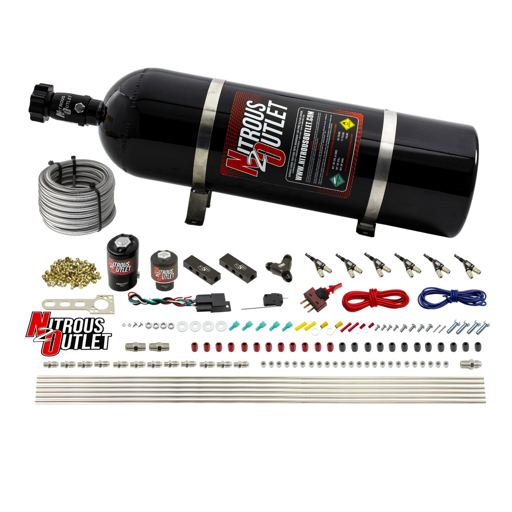 6 Cylinder 2 Solenoid Direct Port System With Distribution Blocks and 90 Degree Nozzles, High Fuel Pressure E85 (15lb Bottle)