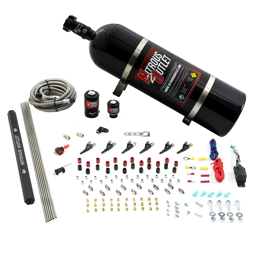 6 Cylinder 2 Solenoid Direct Port System With Single Injection Rail and 90 Degree Nozzles, High Fuel Pressure E85 (15lb Bottle)