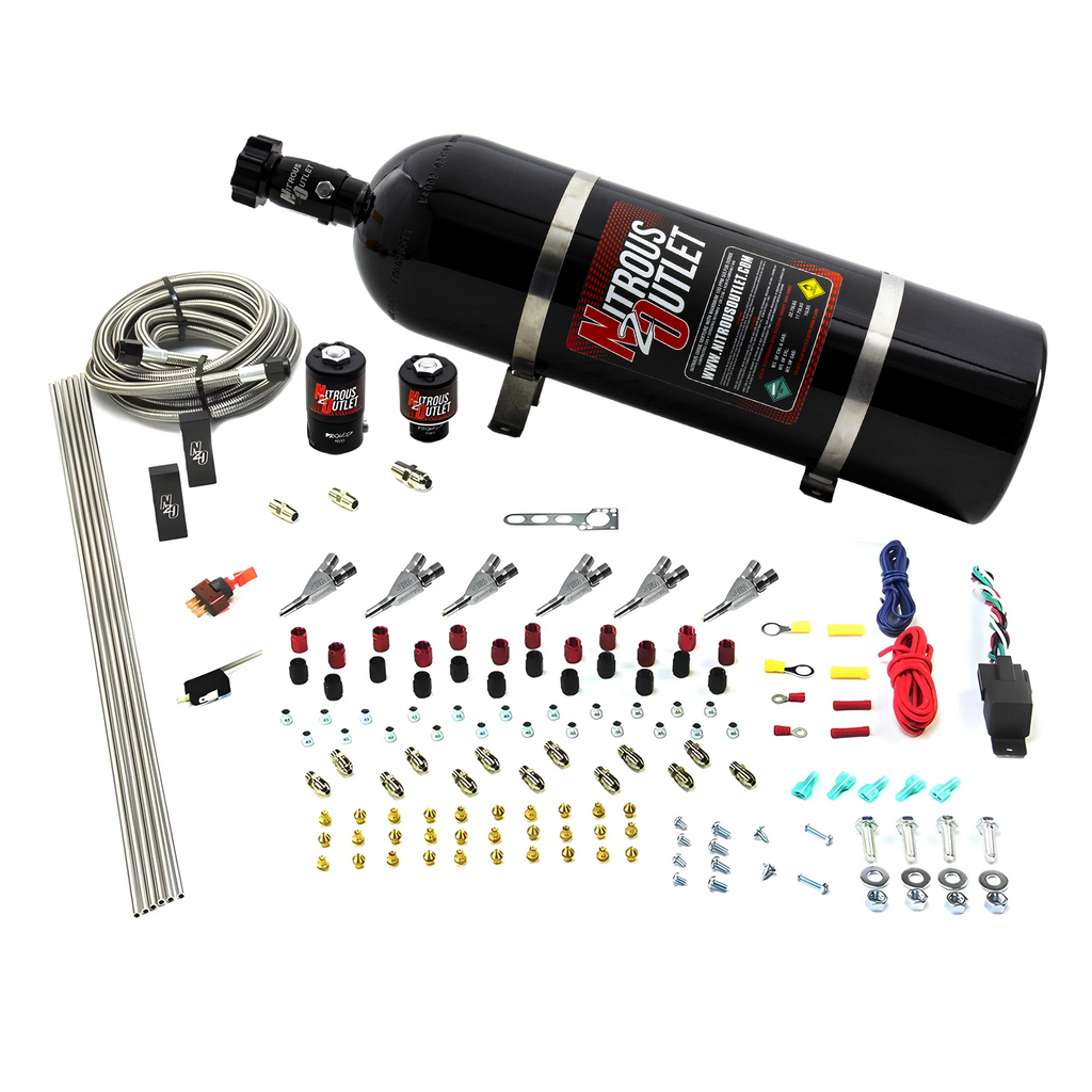 6 Cylinder 2 Solenoid Direct Port System With Distribution Blocks and Straight Blow Through Nozzles, High Fuel Pressure E85 (15lb Bottle)