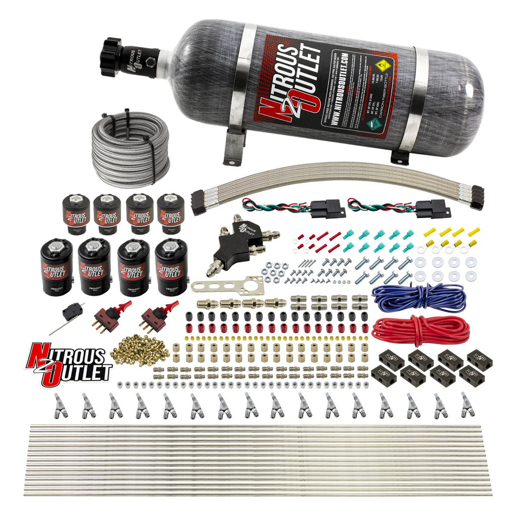 8 Cylinder Dual Stage Direct Port Nitrous System - .122 Nitrous/.177 Fuel Solenoids - Alcohol - Straight Blow Through Nozzles (12lb Bottle)