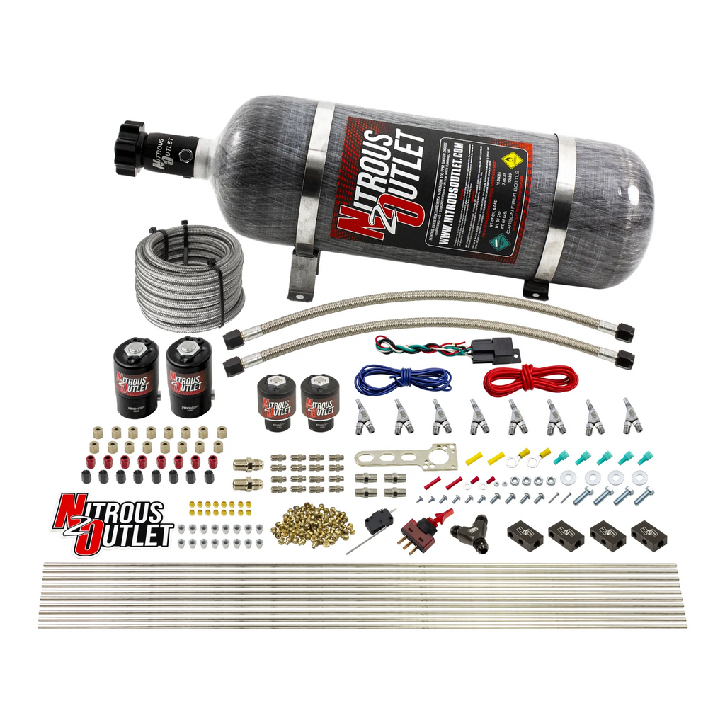 8 Cylinder Single Stage Direct Port Nitrous System - .112 Nitrous/.177 Fuel Solenoids - Alcohol - Straight Blow Through Nozzles (12lb Bottle)