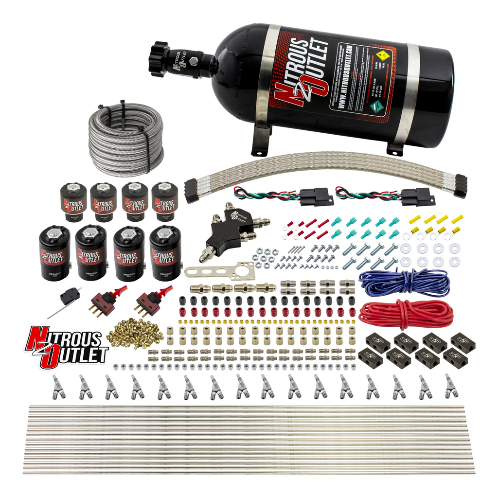 8 Cylinder Dual Stage Direct Port Nitrous System - .112 Nitrous/.177 Fuel Solenoids - Alcohol - Straight Blow Through Nozzles (10lb Bottle)