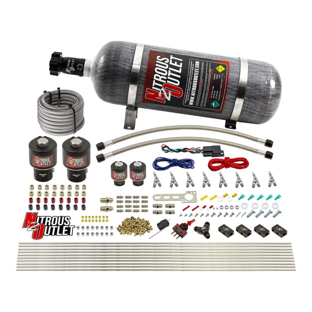 8 Cylinder Single Stage Direct Port Nitrous System - .178 Nitrous/.177 Fuel Solenoids - Alcohol - Straight Blow Through Nozzles (12lb Bottle)