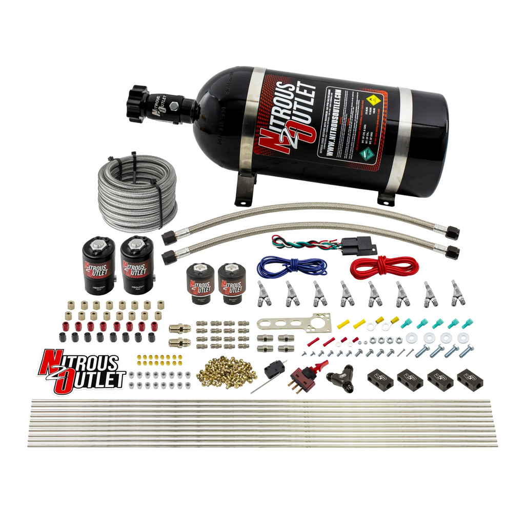 8 Cylinder Single Stage Direct Port Nitrous System - .122 Nitrous/.177 Fuel Solenoids - E85 - Straight Blow Through Nozzles (10lb Bottle)