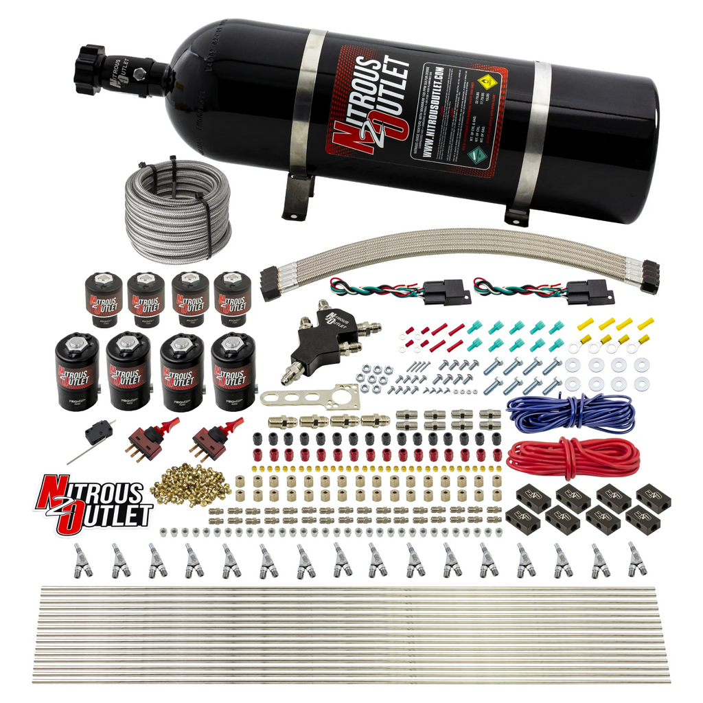 8 Cylinder Dual Stage Direct Port Nitrous System - .112 Nitrous/.177 Fuel Solenoids - E85 - Straight Blow Through Nozzles (15lb Bottle)