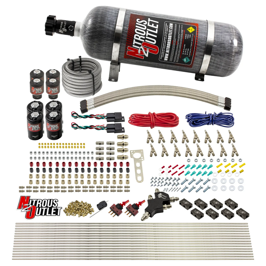 8 Cylinder Dual Stage Direct Port Nitrous System - .122 Nitrous/.177 Fuel Solenoids - E85 - Straight Blow Through Nozzles (12lb Bottle)