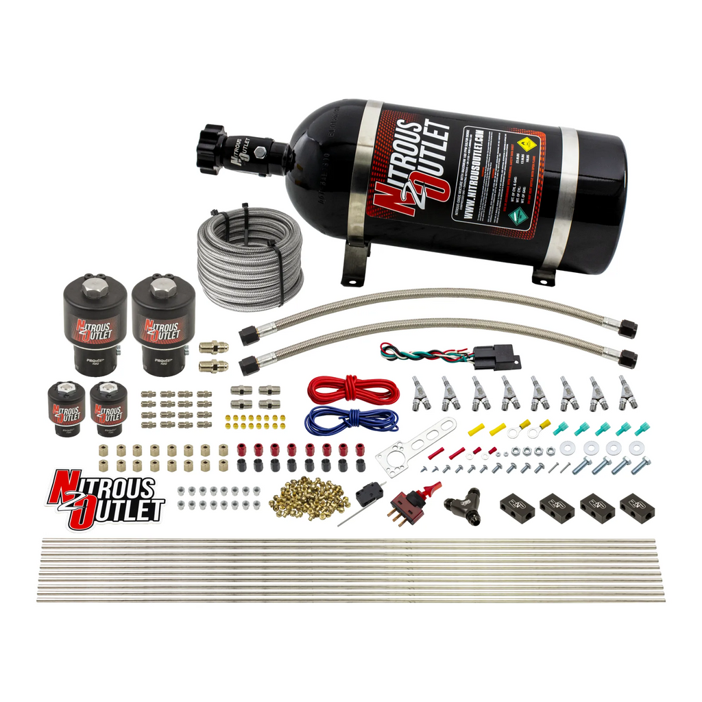 8 Cylinder Single Stage Direct Port Nitrous System - .178 Nitrous/.177 Fuel Solenoids - E85 - Straight Blow Through Nozzles (10lb Bottle)