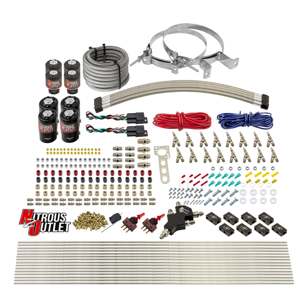 8 Cylinder Dual Stage Direct Port Nitrous System - .122 Nitrous/.177 Fuel Solenoids - Straight Blow Through Nozzles (No Bottle)