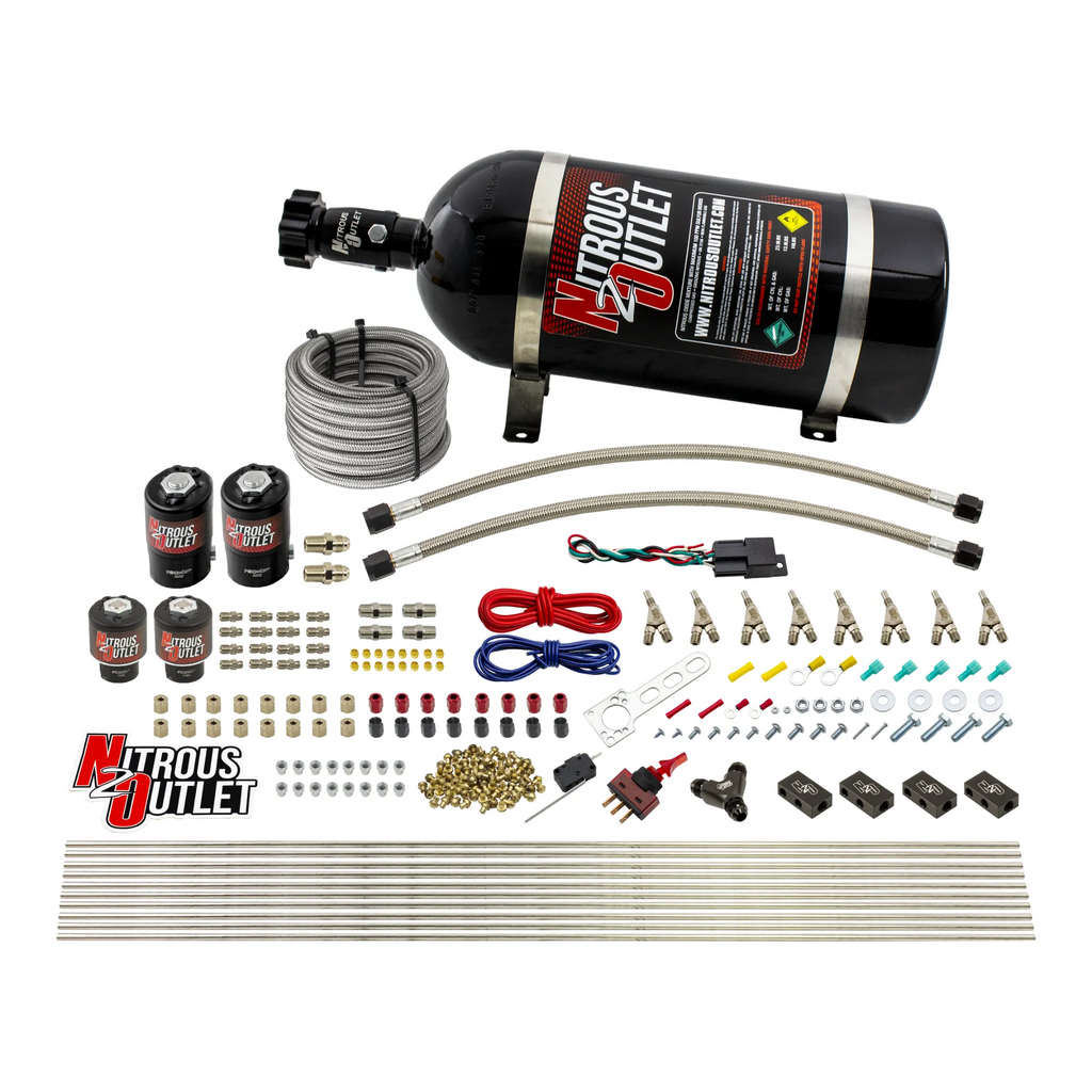 8 Cylinder Single Stage Direct Port Nitrous System - .112 Nitrous/.177 Fuel Solenoids - Straight Blow Through Nozzles (10lb Bottle)