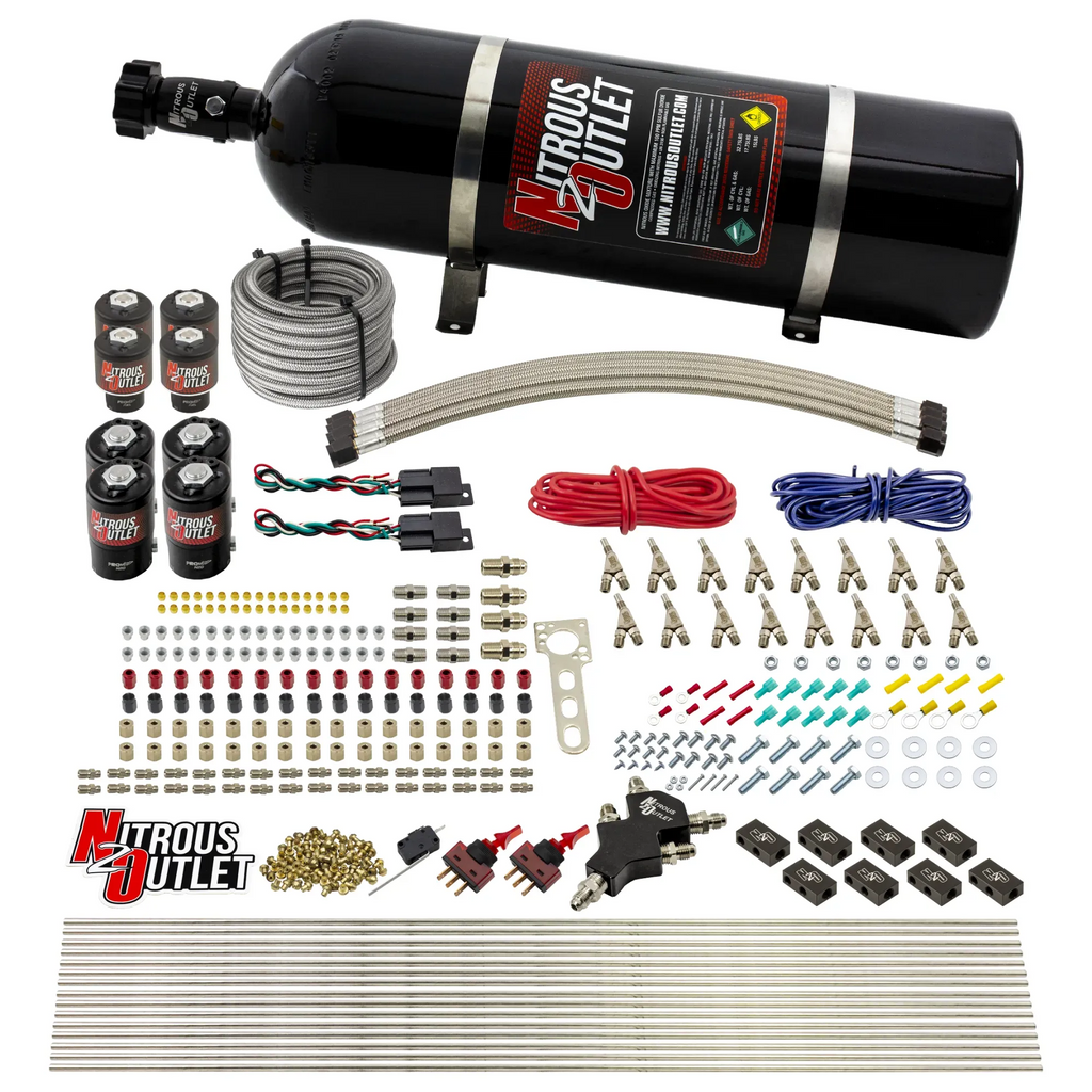 8 Cylinder Dual Stage Direct Port Nitrous System - .112 Nitrous/.177 Fuel Solenoids - Straight Blow Through Nozzles (15lb Bottle)