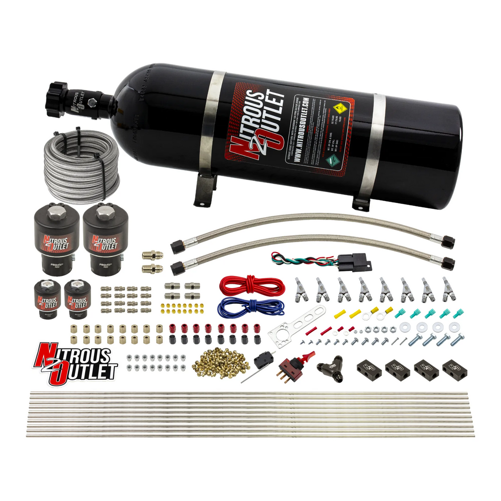 8 Cylinder Single Stage Direct Port Nitrous System - .178 Nitrous/.177 Fuel Solenoids - Straight Blow Through Nozzles (15lb Bottle)
