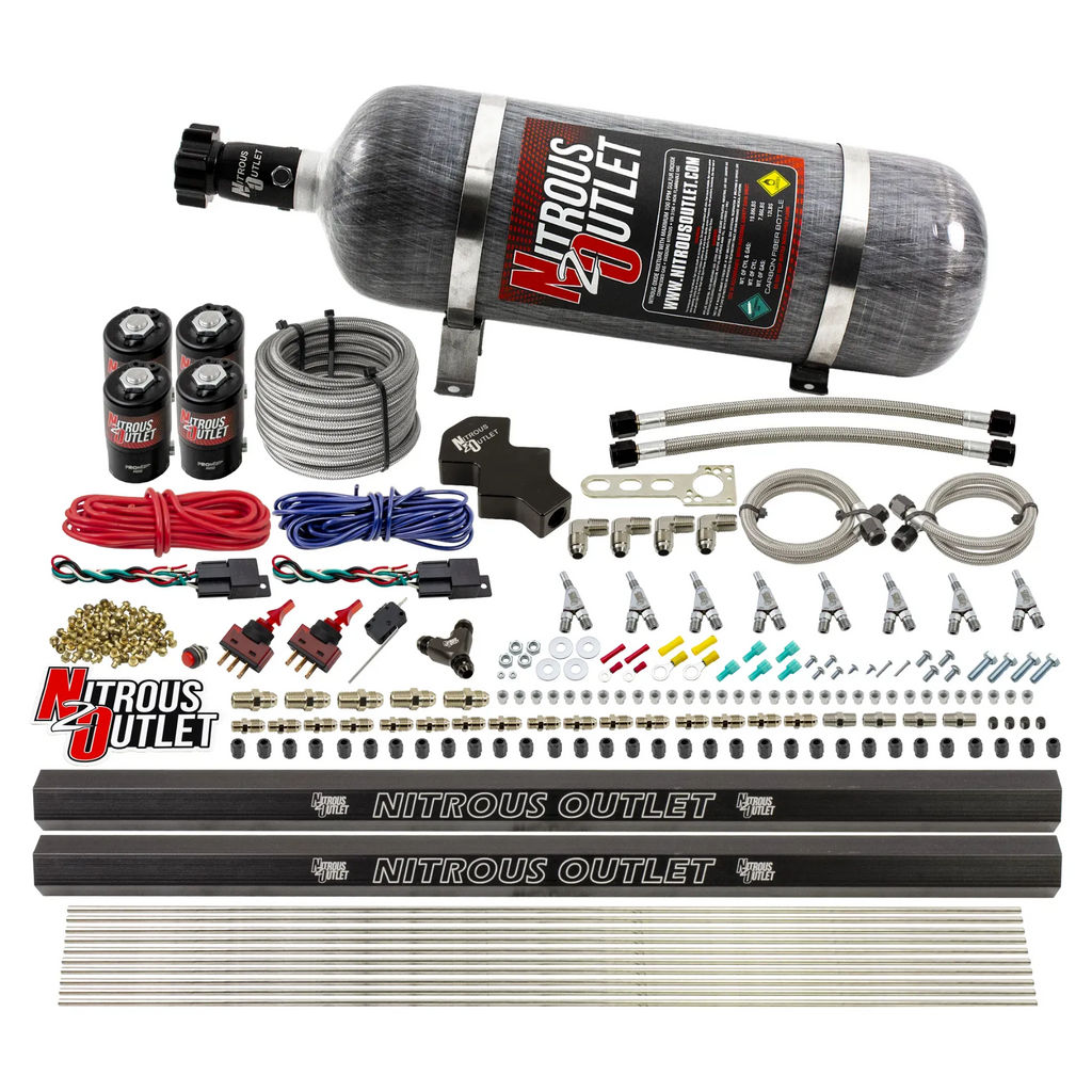 8 Cylinder 4 Solenoid Dry Dual Stage Direct Port System With Dual Rails - .112 Nitrous - Straight Blow Through Nozzles (12lb Bottle)