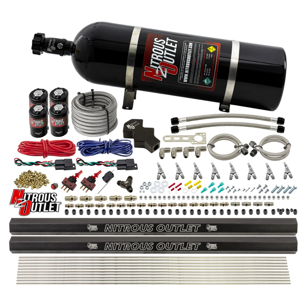 8 Cylinder 4 Solenoid Dry Dual Stage Direct Port System With Dual Rails - .112 Nitrous - Straight Blow Through Nozzles (15lb Bottle)