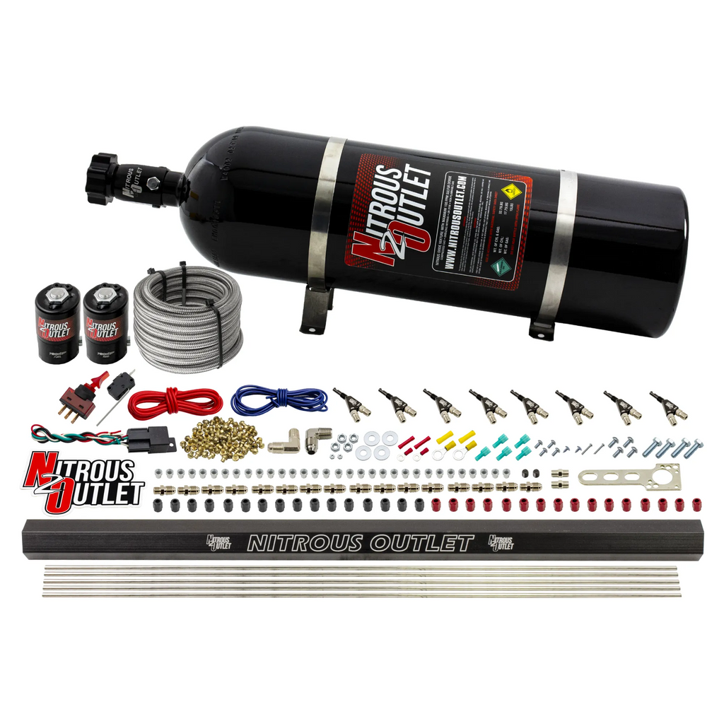 8 Cylinder 2 Solenoid Direct Port System With Single Injection Rail - Alcohol - .122 Nitrous/.310 Fuel - 90° Discharge Nozzles (15lb Bottle)