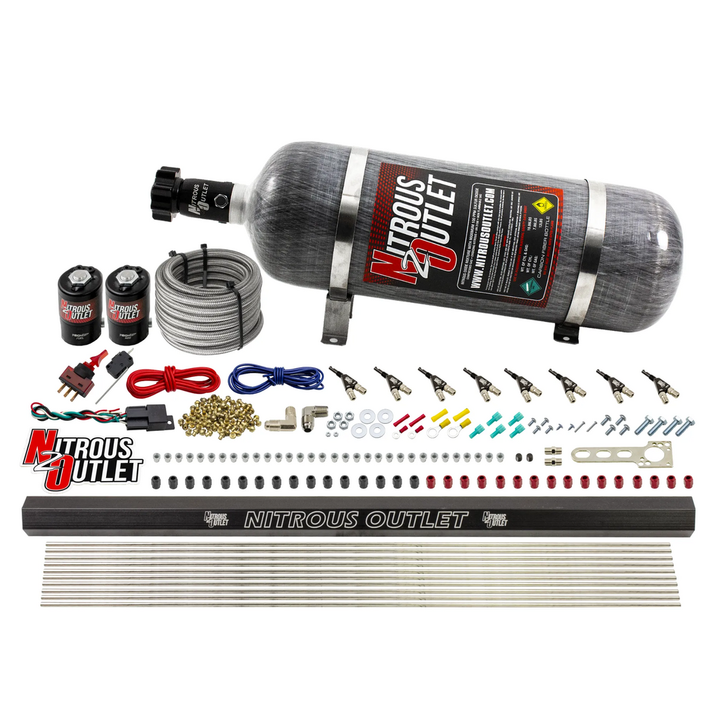 8 Cylinder 2 Solenoid Direct Port System With Single Injection Rail - .122 Nitrous/.310 Fuel - 90° Discharge Nozzles (12lb Bottle)