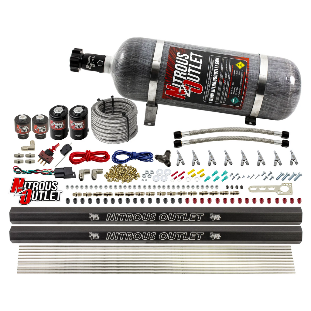 8 Cylinder Single Stage Direct Port Nitrous System with Injection Rails - E85 - .122 Nitrous/.177 Fuel - Straight Blow Through Nozzles (12lb Bottle)