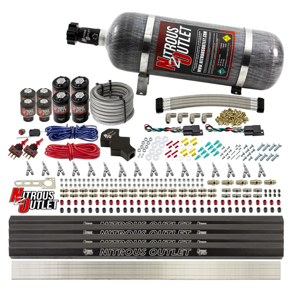 8 Cylinder Dual Stage Direct Port Nitrous System with Injection Rails - E85 - .112 Nitrous/.177 Fuel - Straight Blow Through Nozzles (12lb Bottle)