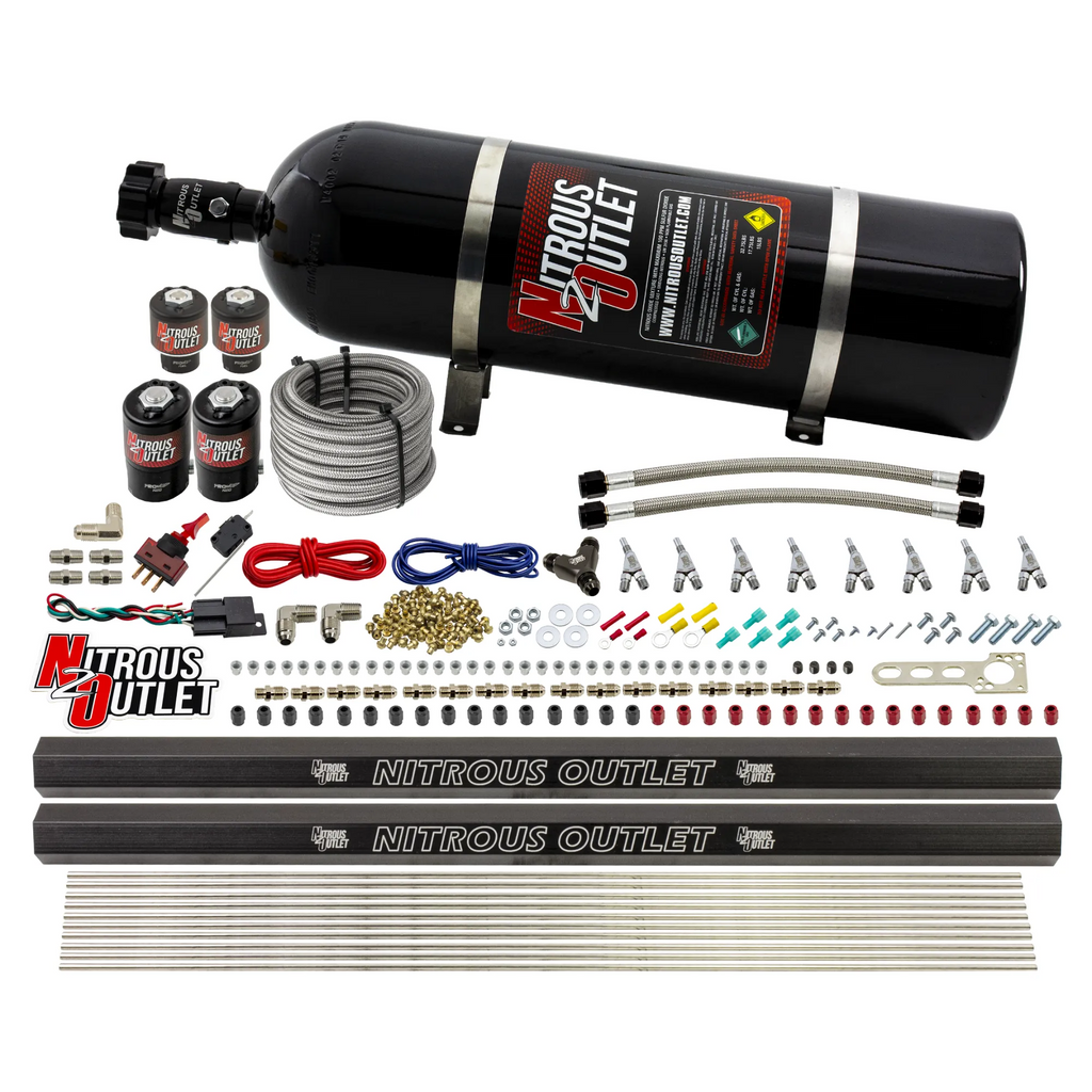 8 Cylinder Single Stage Direct Port Nitrous System with Injection Rails - Gas - .112 Nitrous/.177 Fuel - Straight Blow Through Nozzles (15lb Bottle)