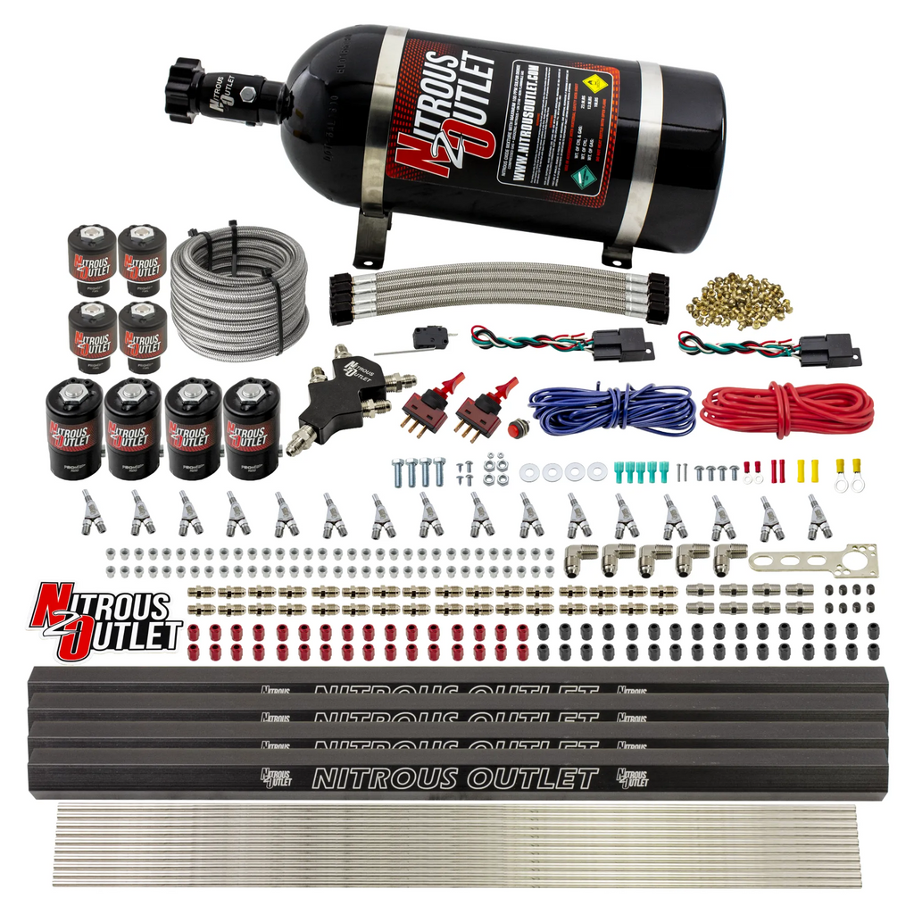 8 Cylinder Dual Stage Direct Port Nitrous System with Injection Rails - E85 - .112 Nitrous/.177 Fuel - 45-55 PSI - Straight Blow Through Nozzles (10lb Bottle)