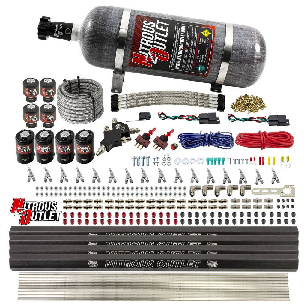 8 Cylinder Dual Stage Direct Port Nitrous System with Injection Rails - E85 - .112 Nitrous/.177 Fuel - 45-55 PSI - Straight Blow Through Nozzles (12lb Bottle)