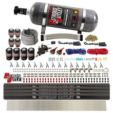 Load image into Gallery viewer, 8 Cylinder Dual Stage Direct Port Nitrous System with Injection Rails - E85 - .112 Nitrous/.177 Fuel - 45-55 PSI - Straight Blow Through Nozzles (12lb Bottle)