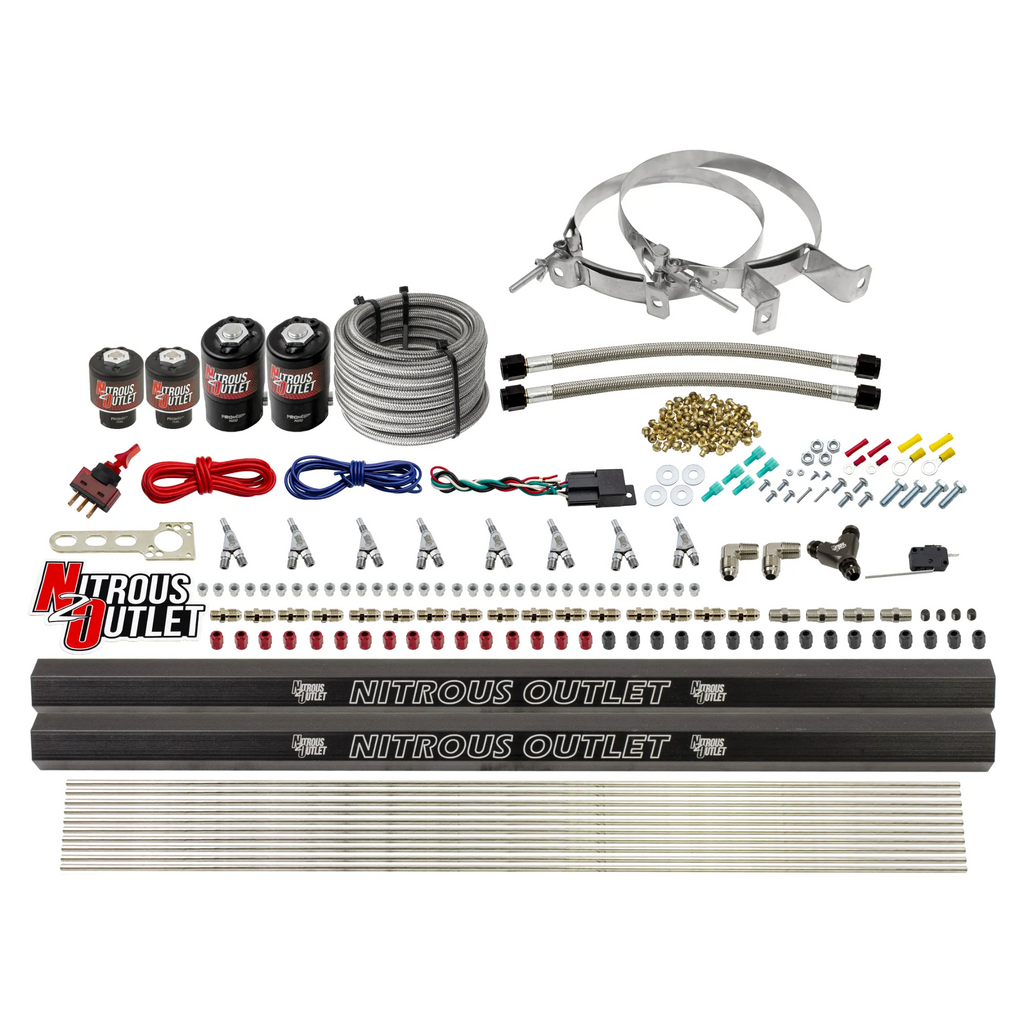 8 Cylinder Single Stage Direct Port Nitrous System with Injection Rails - E85 - .112 Nitrous/.177 Fuel - 45-55 PSI - Straight Blow Through Nozzles (No Bottle)