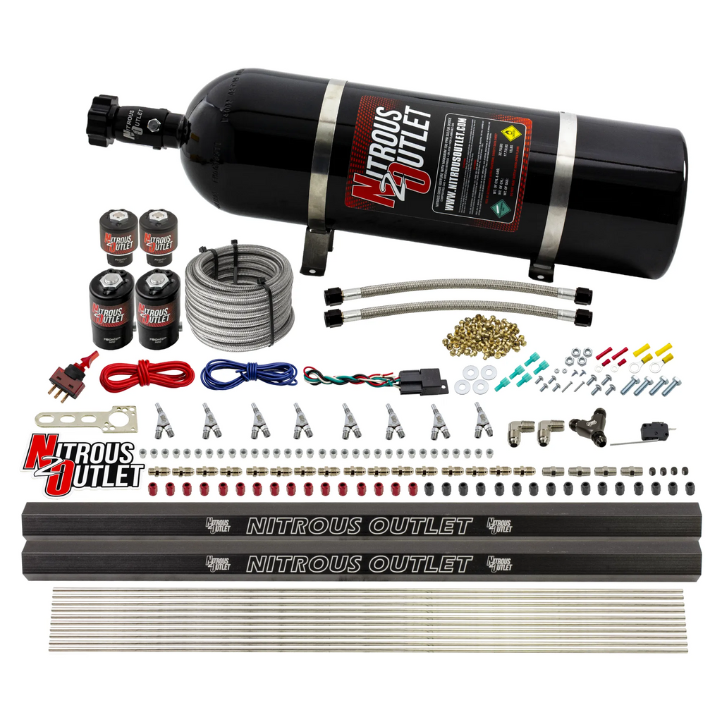 8 Cylinder Single Stage Direct Port Nitrous System with Injection Rails - E85 - .112 Nitrous/.177 Fuel - 45-55 PSI - Straight Blow Through Nozzles (15lb Bottle)