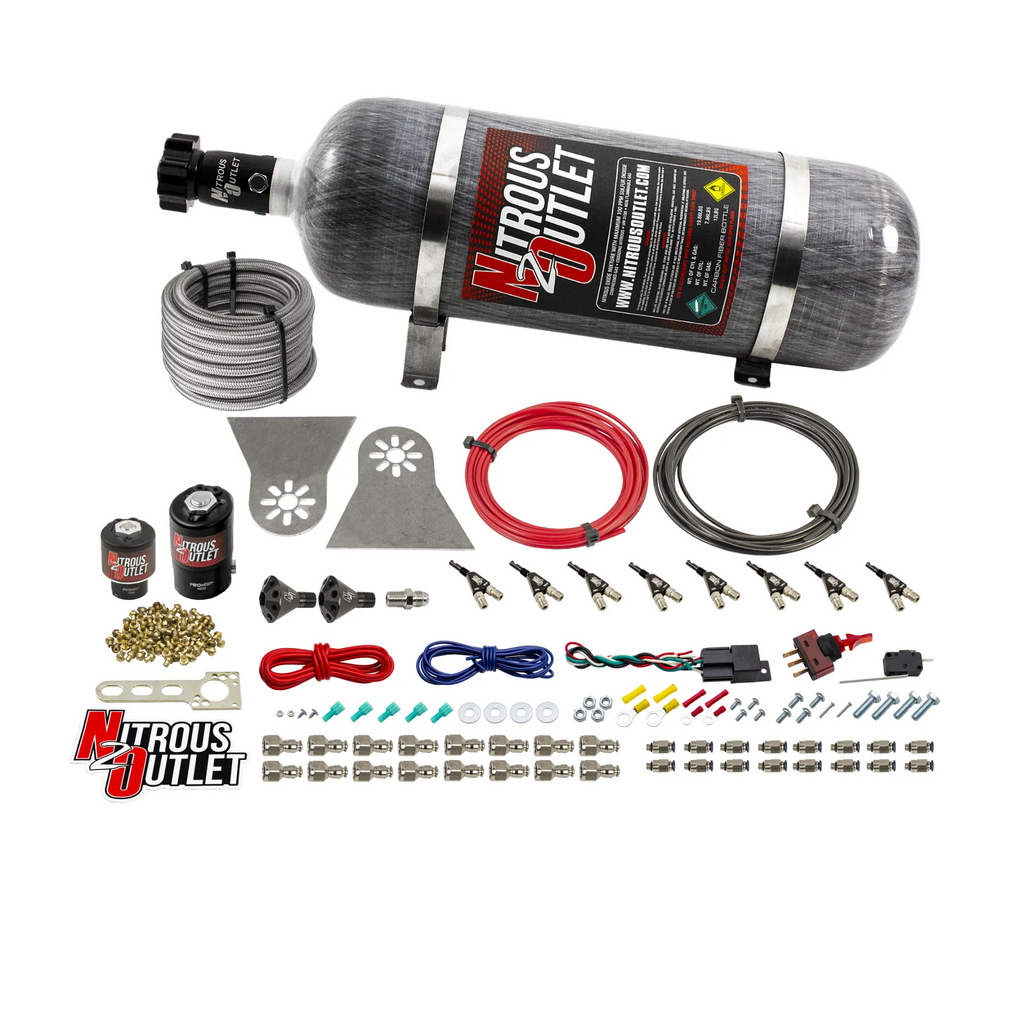 8 Cylinder Nylon Hose Direct Port Wet Nitrous System - Showerhead Distribution Blocks - .122 Nitrous/.177 Fuel - 90° Aluminum Nozzles (12lb Bottle)