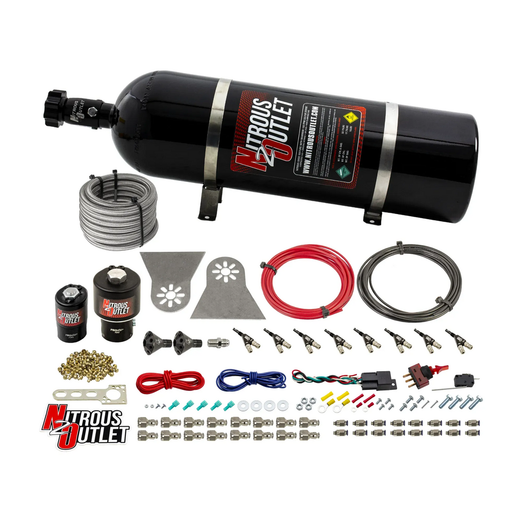 8 Cylinder Nylon Hose Direct Port Wet Nitrous System - Showerhead Distribution Blocks - .178" Nitrous/.310" Fuel - 90° Aluminum Nozzles (15lb Bottle)