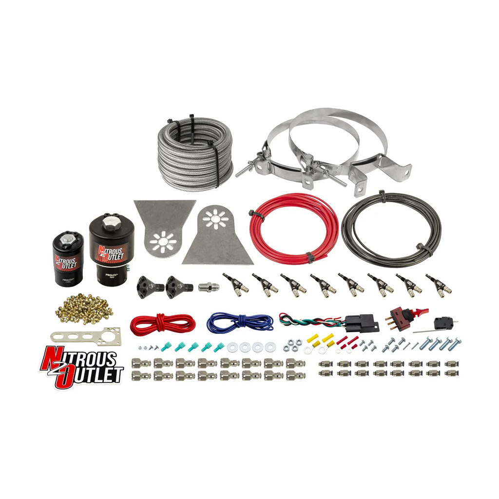 8 Cylinder Nylon Hose Direct Port Wet Nitrous System - Showerhead Distribution Blocks - .178" Nitrous/.310" Fuel - 45-55 PSI - 90° Aluminum Nozzles (No Bottle)