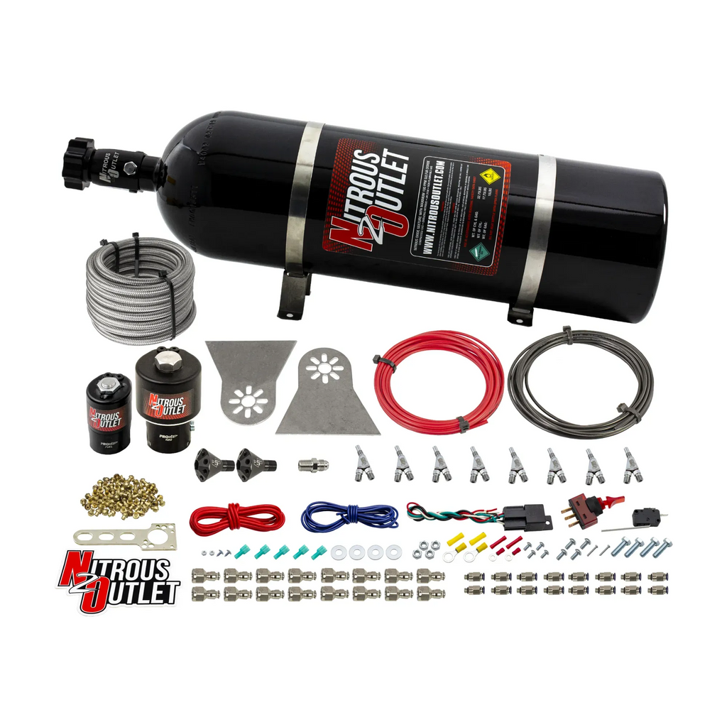 8 Cylinder Nylon Hose Direct Port Wet Nitrous System - Showerhead Distribution Blocks - .178" Nitrous/.310" Fuel - 45-55 PSI - Straight Blow Through Aluminum Nozzles (15lb Bottle)