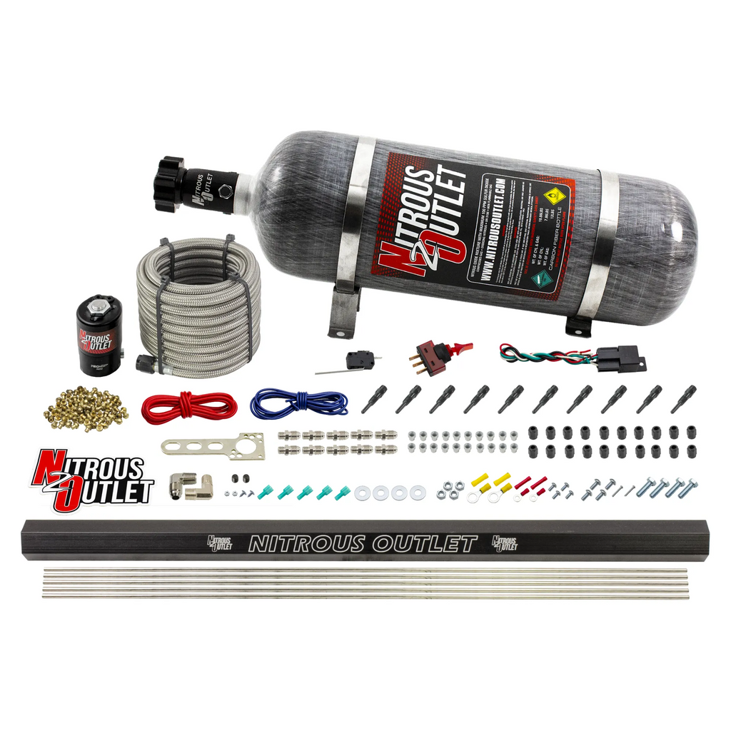 10 Cylinder Dry Direct Port System With Single Injection Rail - .122" Nitrous - 90° Aluminum Nozzles (12lb Bottle)