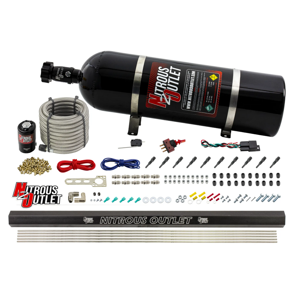 10 Cylinder Dry Direct Port System With Single Injection Rail - .122" Nitrous - 90° Aluminum Nozzles (15lb Bottle)