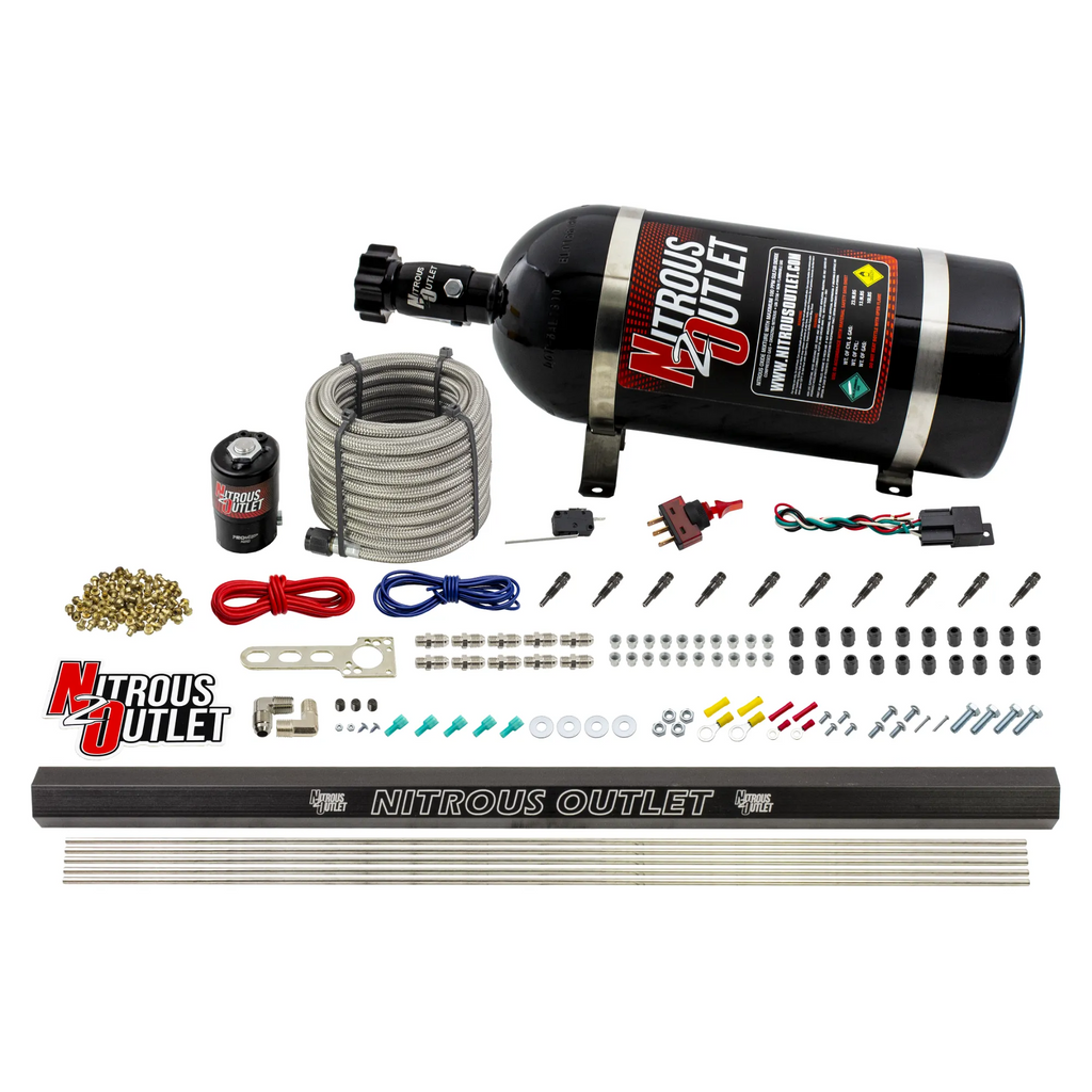 10 Cylinder Dry Direct Port System With Single Injection Rail - .122" Nitrous - Straight Blow Through Aluminum Nozzles (10lb Bottle)