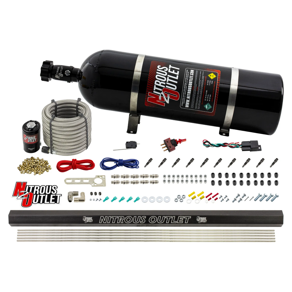 10 Cylinder Dry Direct Port System With Single Injection Rail - .122" Nitrous - Straight Blow Through Aluminum Nozzles (15lb Bottle)
