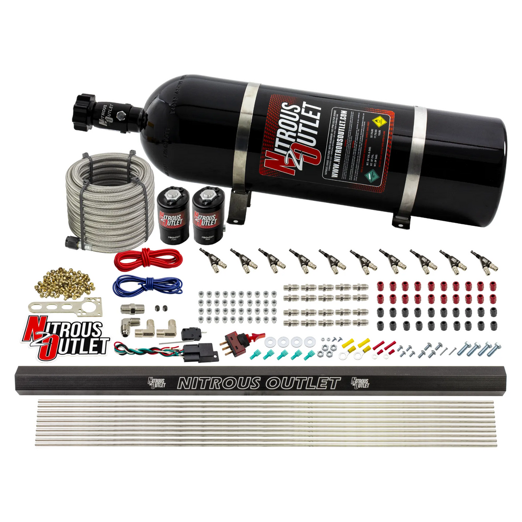 10 Cylinder Wet Direct Port System With Single Injection Rail - Alcohol - .122" Nitrous/.310" Fuel - 90° Aluminum Nozzles (15lb Bottle)