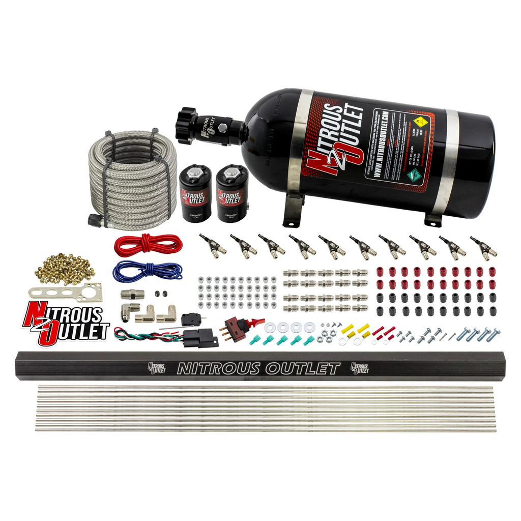 10 Cylinder Wet Direct Port System With Single Injection Rail - E85 - .122" Nitrous/.310" Fuel - 90° Aluminum Nozzles (10lb Bottle)