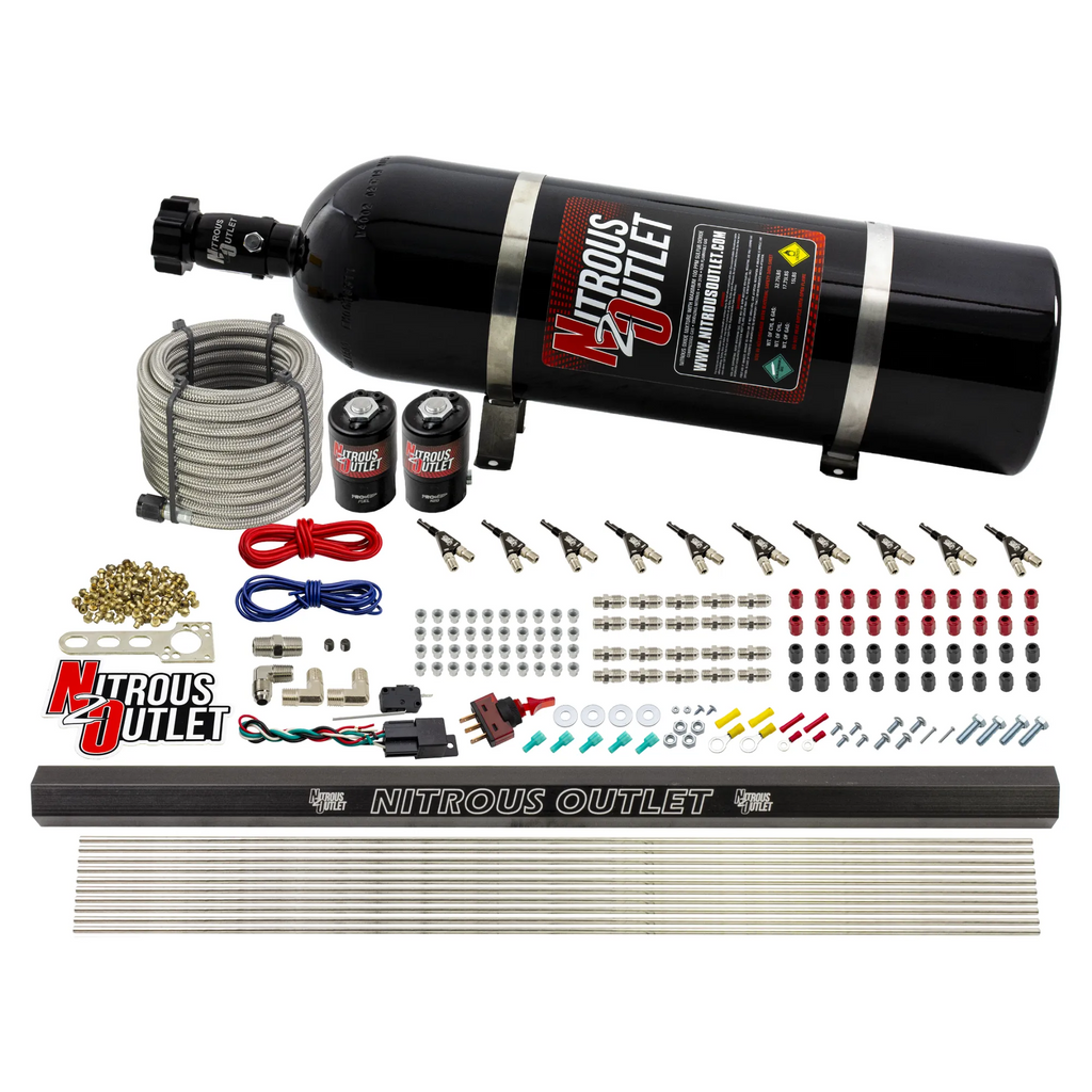 10 Cylinder Wet Direct Port System With Single Injection Rail - E85 - .122" Nitrous/.310" Fuel - 90° Aluminum Nozzles (15lb Bottle)