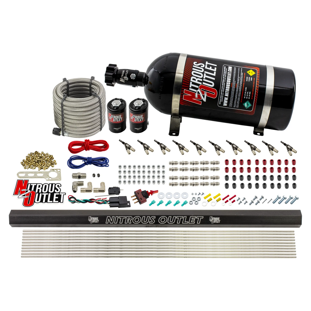 10 Cylinder Wet Direct Port System With Single Injection Rail - Gas - .122" Nitrous/.310" Fuel - 90° Aluminum Nozzles (10lb Bottle)