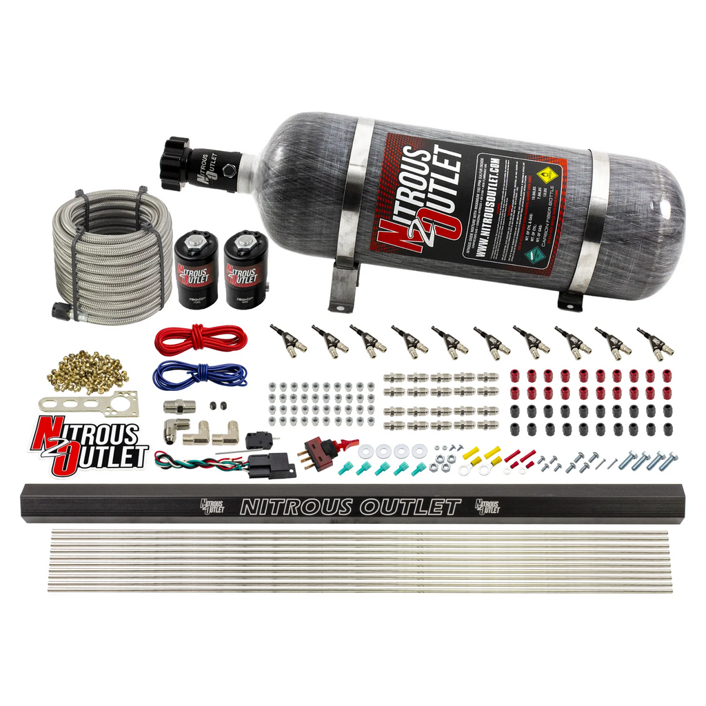 10 Cylinder Wet Direct Port System With Single Injection Rail - Gas - .122" Nitrous/.310" Fuel - 90° Aluminum Nozzles (12lb Bottle)